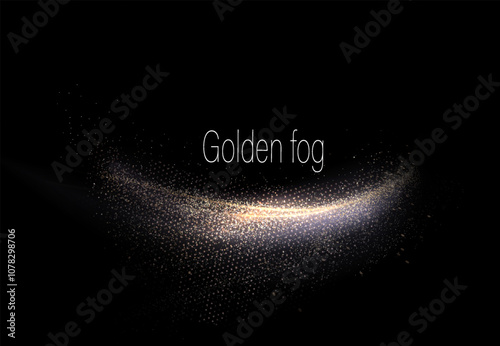 Isolated abstract golden ribbon with tinsel on black background, design component.