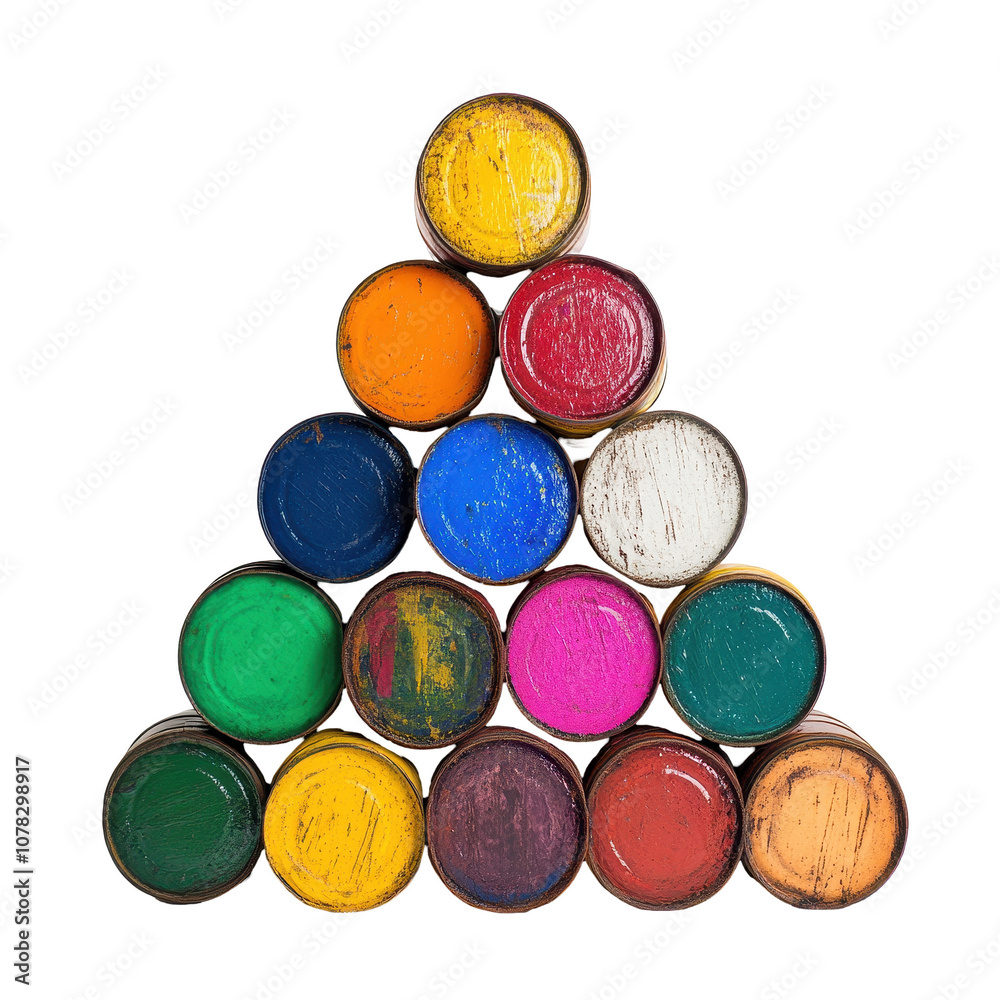 A stack of colorful paint cans arranged in a pyramid shape. transparent background A stack of colorful paint cans arranged in a pyramid shape. transparent background