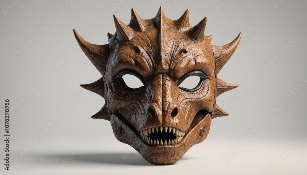 Naklejka premium A close-up of a detailed, brown dragon mask with sharp teeth and horns