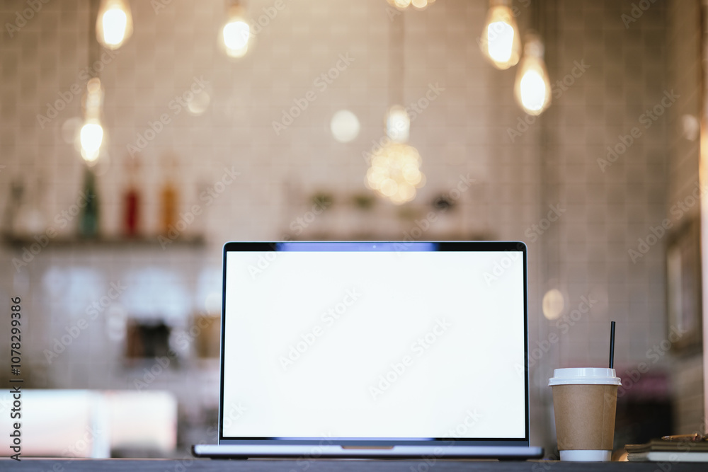 Blank laptop screen on wooden table with coffee shop interior background and blurred bokeh lights. Mockup model. Template for your text. Blank laptop screen on wooden table with coffee shop interior background and blurred bokeh lights. Mockup model. Template for your text.