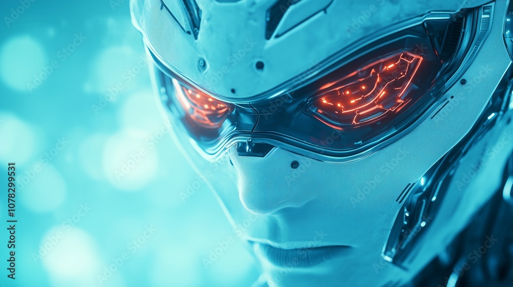 Side view of a futuristic cybernetic face with vibrant pink glowing eyes. Ideal for sci-fi, artificial intelligence, and high-tech digital themes. Side view of a futuristic cybernetic face with vibrant pink glowing eyes. Ideal for sci-fi, artificial intelligence, and high-tech digital themes.