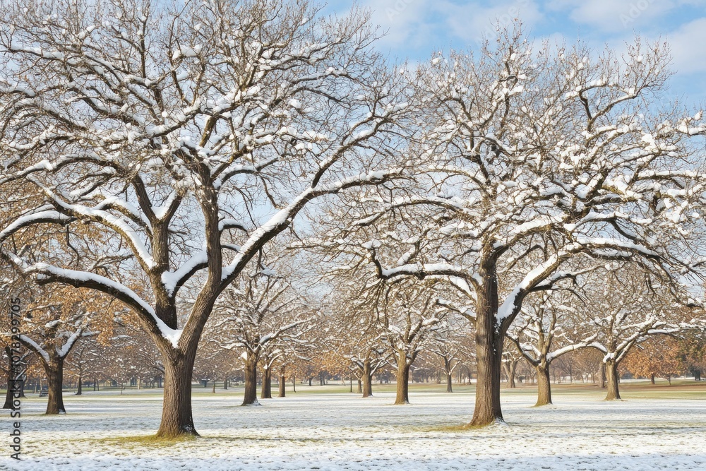 Fototapeta premium Snow-covered trees in a serene winter landscape.
