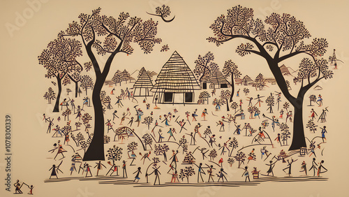 A traditional Warli art piece featuring a vibrant village scene with people dancing in a circle, huts, trees, and cattle, all depicted in simple stick-figure style with geometric shapes