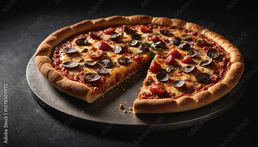 A freshly baked pizza with pepperoni and tomato toppings, ready to be enjoyed A freshly baked pizza with pepperoni and tomato toppings, ready to be enjoyed