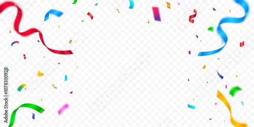 Colorful confetti abstract pattern border frame. Many falling colorful tiny confetti and ribbon on transparent background. Carnival festivity, confetti,