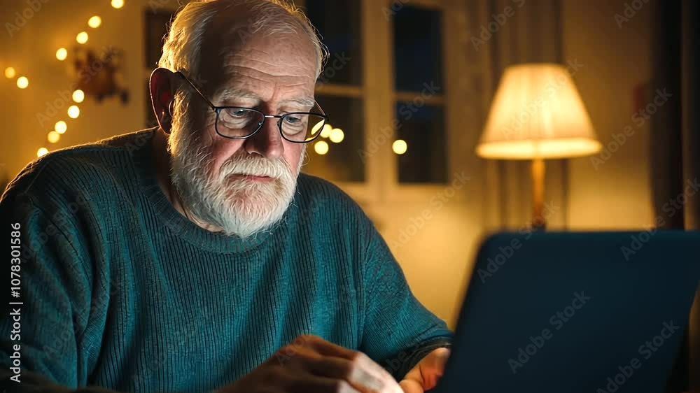 In a softly lit room, an elderly man holds a credit card and types slowly on a laptop keyboard, unaware of the potential scams hidden in the seemingly harmless online offers surrou In a softly lit room, an elderly man holds a credit card and types slowly on a laptop keyboard, unaware of the potential scams hidden in the seemingly harmless online offers surrou