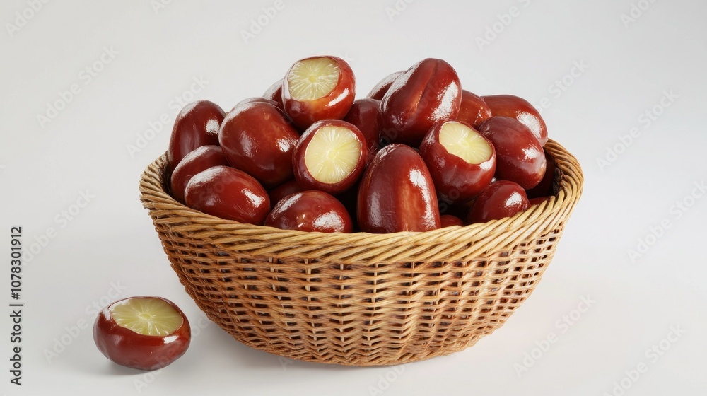 Obraz premium A basket of fresh, sun-ripened jujubes with their smooth