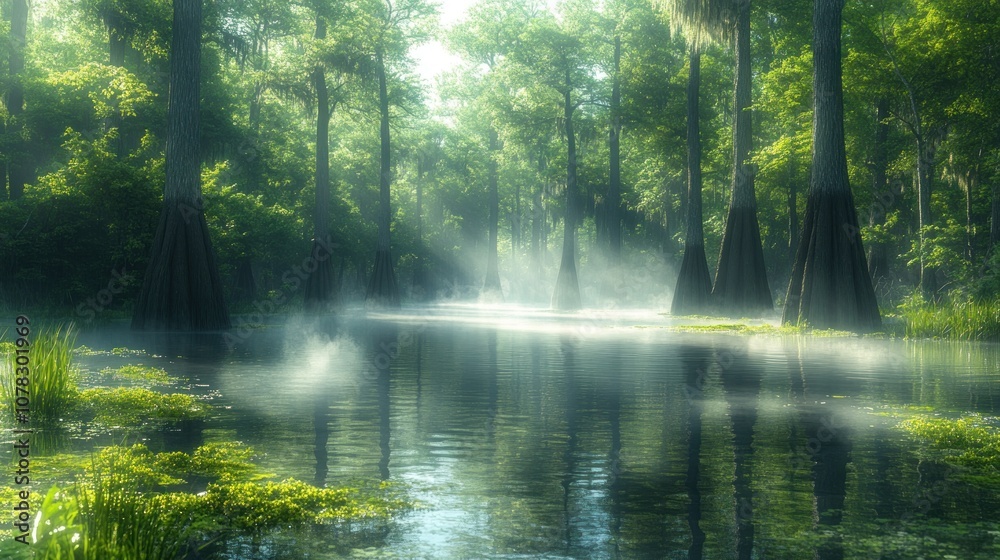 Serene swamp landscape with misty water and lush greenery. Serene swamp landscape with misty water and lush greenery.