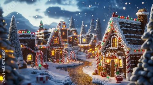 A Snowy Gingerbread Village with Illuminated Windows and Candy Cane Decorations