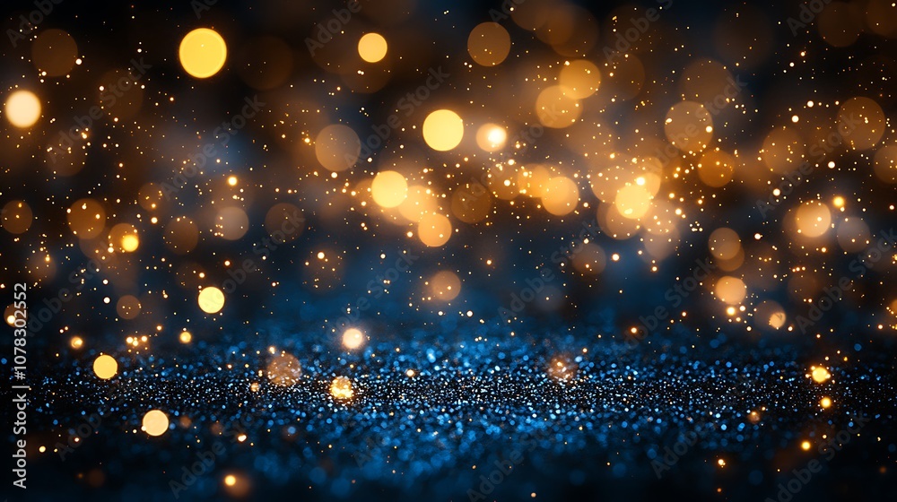 Obraz premium Blue background with golden bokeh lights and glitters, Abstract background bokeh blur