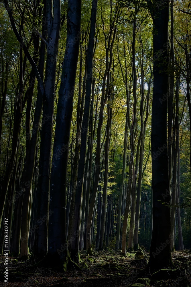 Obraz premium Serene forest scene with dappled sunlight.