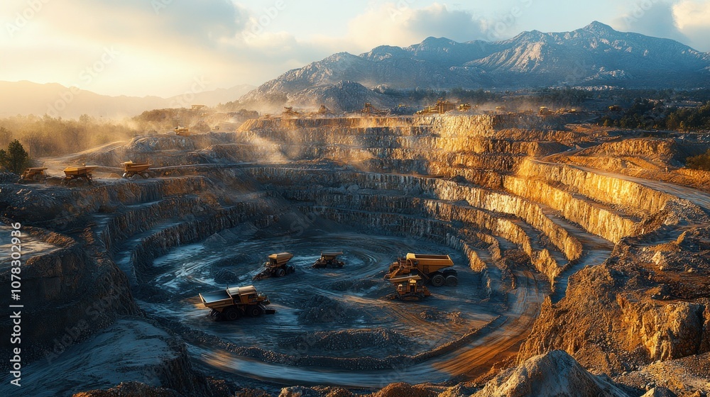 Fototapeta premium Aerial view of a mining site with machinery in operation.