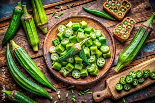 Candid Photography of Freshly Chopped and Whole Okra - Vibrant Green Lady's Fingers for Culinary Delight