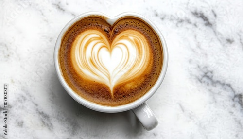 A beautifully crafted latte art in a heart shape, served in a white cup on a marble surface. Perfect for coffee lovers. photo