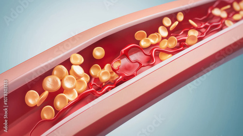 A detailed illustration of a blood vessel showing red blood cells, plasma, and fat deposition, highlighting circulatory system processes.