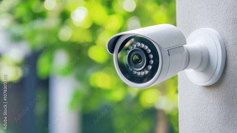 A security camera mounted on a wall, capturing a blurred green background, emphasizing outdoor surveillance technology. A security camera mounted on a wall, capturing a blurred green background, emphasizing outdoor surveillance technology.