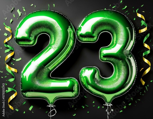 Green birthday / anniversary balloon, number 23, black background with confetti photo