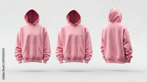 Pink hoodie mockup with front, back, and side views.