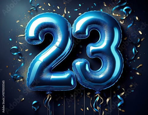 Blue birthday / anniversary balloon, number 23, black background with confetti photo