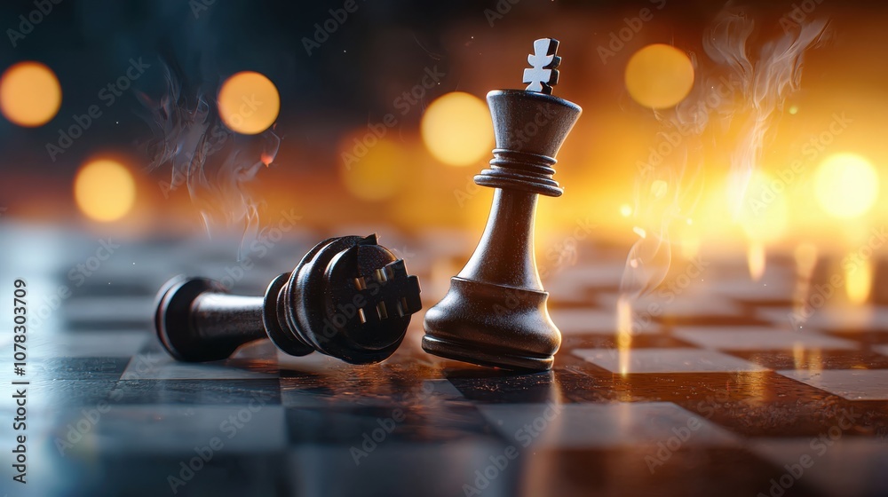 Chessboard close-up with the toppled king and intense lighting, emphasizing themes of rivalry, competition, and the outcome of strategic depth Chessboard close-up with the toppled king and intense lighting, emphasizing themes of rivalry, competition, and the outcome of strategic depth