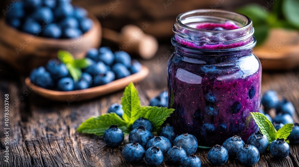 A jar of rich blueberry jam sits on a wooden table, surrounded by fresh blueberries and mint leaves, conveying the essence of homemade culinary delight.