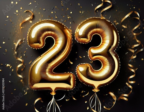 Gold birthday / anniversary balloon, number 23, black background with confetti photo