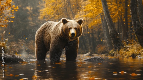 A Grizzly Bear Standing in a Stream During Autumn