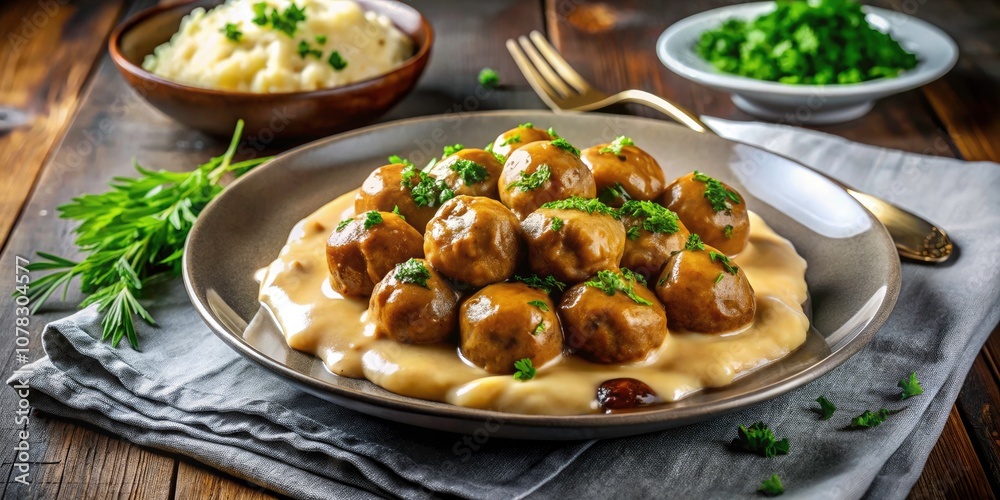 Delicious Homemade Swedish Meatballs with Gravy on Mashed Potatoes - Comfort Food, Culinary Delight, Gourmet Recipe, Hearty Dinner, Traditional Cuisine, Fresh Herbs, Savory Dish, Food Photography Delicious Homemade Swedish Meatballs with Gravy on Mashed Potatoes - Comfort Food, Culinary Delight, Gourmet Recipe, Hearty Dinner, Traditional Cuisine, Fresh Herbs, Savory Dish, Food Photography