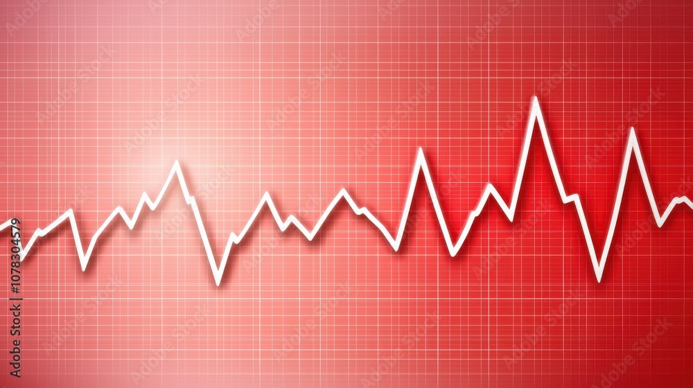 The image displays a fluctuating graph on a red background, illustrating data changes or trends over time.