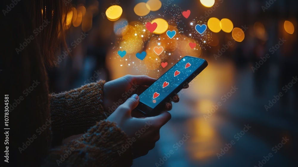 Close-Up of Hands Holding Smartphone with Social Media Notifications, Heart Icons Floating, Representing Digital Interaction and Connection in an Illuminated Cityscape at Night Close-Up of Hands Holding Smartphone with Social Media Notifications, Heart Icons Floating, Representing Digital Interaction and Connection in an Illuminated Cityscape at Night