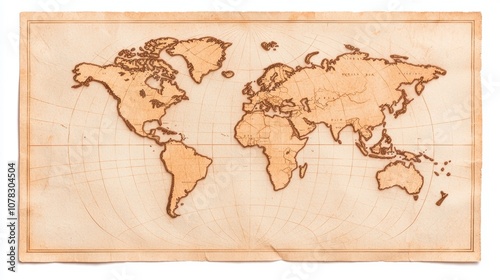 A detailed vintage world map with a rustic design, showcasing continents and oceans in warm tones on aged parchment.