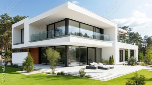 Modern minimalist house with white walls and large glass windows