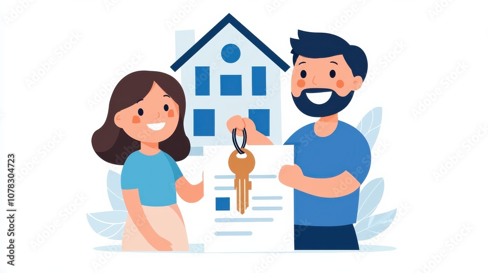 A cheerful couple exchanges house keys and a document in front of a home, symbolizing a successful real estate transaction. A cheerful couple exchanges house keys and a document in front of a home, symbolizing a successful real estate transaction.