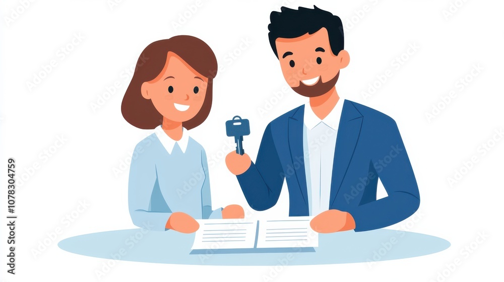 A cheerful couple finalizes a deal, holding a key and documents, symbolizing a new beginning or property ownership. A cheerful couple finalizes a deal, holding a key and documents, symbolizing a new beginning or property ownership.
