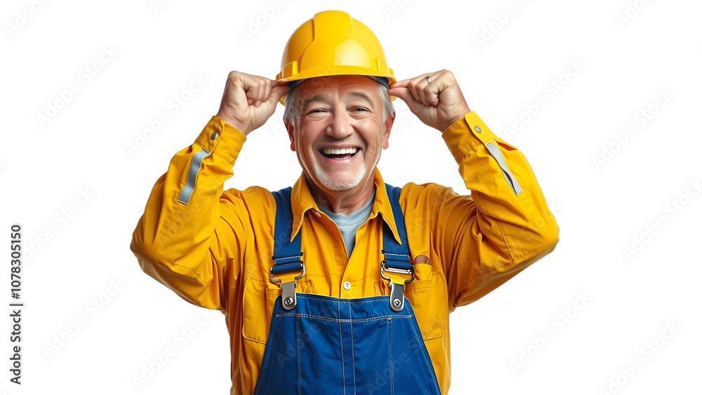 Smiling Senior Construction Worker in Hard Hat and Overalls on White Background Smiling Senior Construction Worker in Hard Hat and Overalls on White Background
