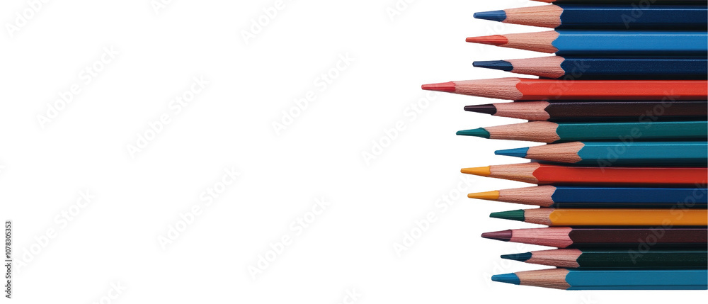 A row of pencils with different colors and one is yellow. transparent background A row of pencils with different colors and one is yellow. transparent background