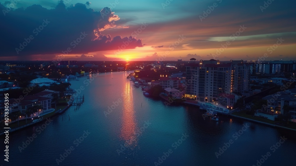 Drone Shot City. Panoramic Aerial Sunset over Boca Raton Florida Skyline Drone Shot City. Panoramic Aerial Sunset over Boca Raton Florida Skyline