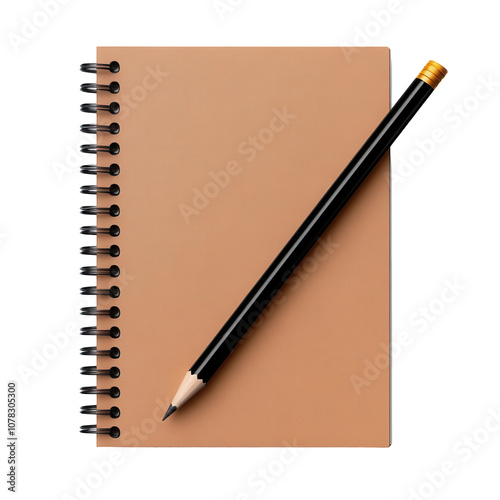 A pencil and a spiral notebook are placed on a white background. transparent background