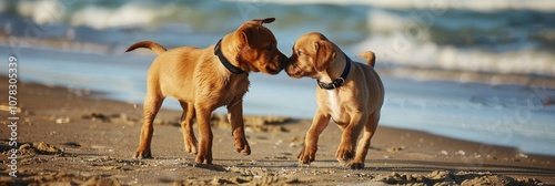Dogs Beach. Two Adorable Thai Dogs Playing on beautiful Beach with Collar and Enjoying the Sun