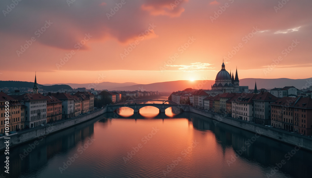Obraz premium Sunset Cityscape with Bridge and River
