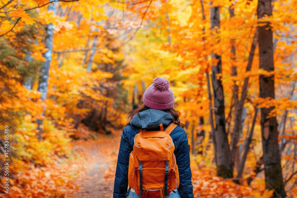Fall Activity. Woman Walking in Autumn Foliage Forest Woods in City Park with Backpack Fall Activity. Woman Walking in Autumn Foliage Forest Woods in City Park with Backpack