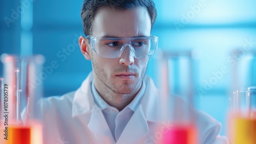 Scientist observing colorful liquids in laboratory glassware.