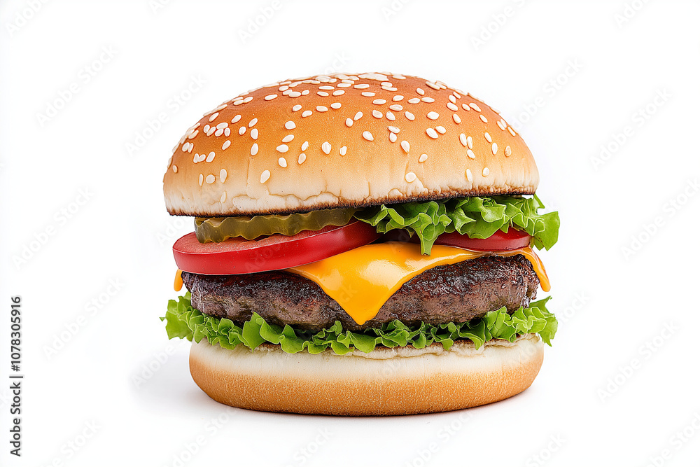 Street food burger with dripping cheese, bold colors, pop art style, isolated on white background Street food burger with dripping cheese, bold colors, pop art style, isolated on white background