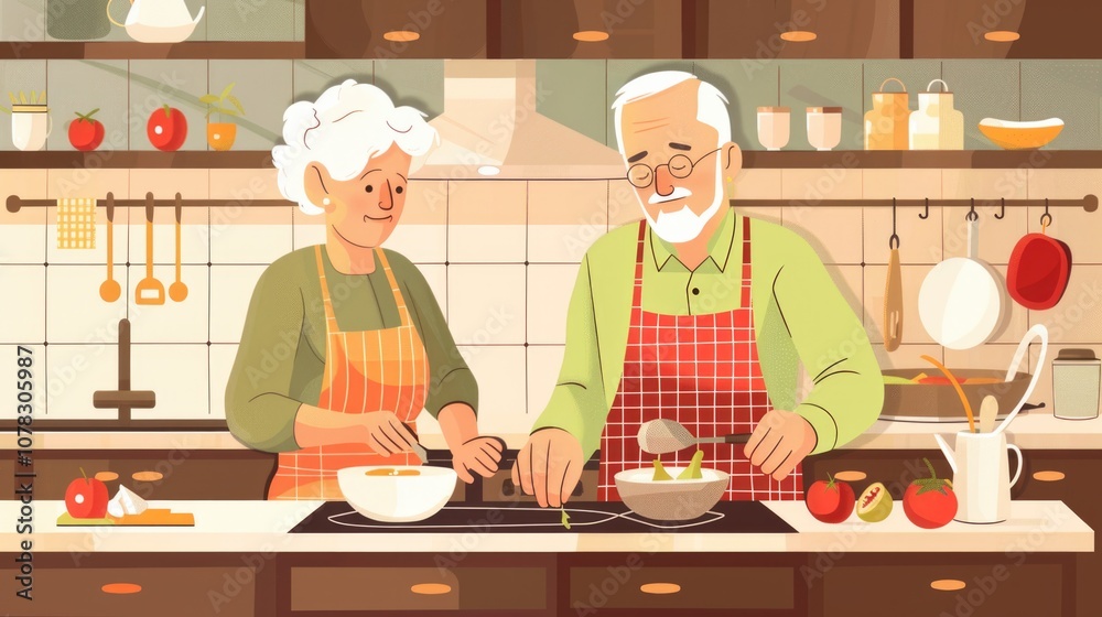 Food Elderly: Senior Couple Breakfast Cooking with Care and Connection