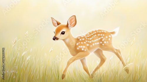 A charming fawn gracefully trots through a sunlit meadow, adorned with delicate spots, surrounded by soft grasses and a serene atmosphere.