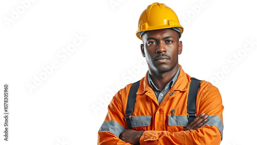 Portrait of African American male engineer worker standing on white background. Black male technician worker on white background