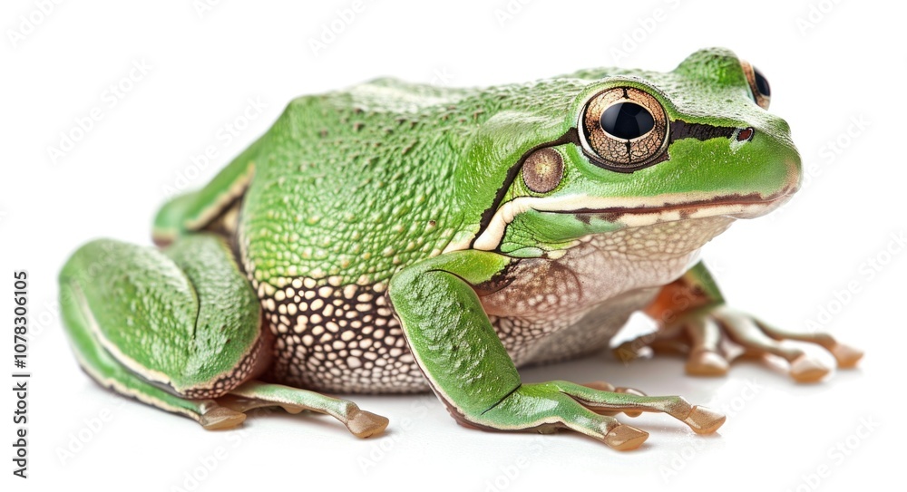 Fototapeta premium Frog Green. European Green Tree Frog Lurking, Sitting on White Background