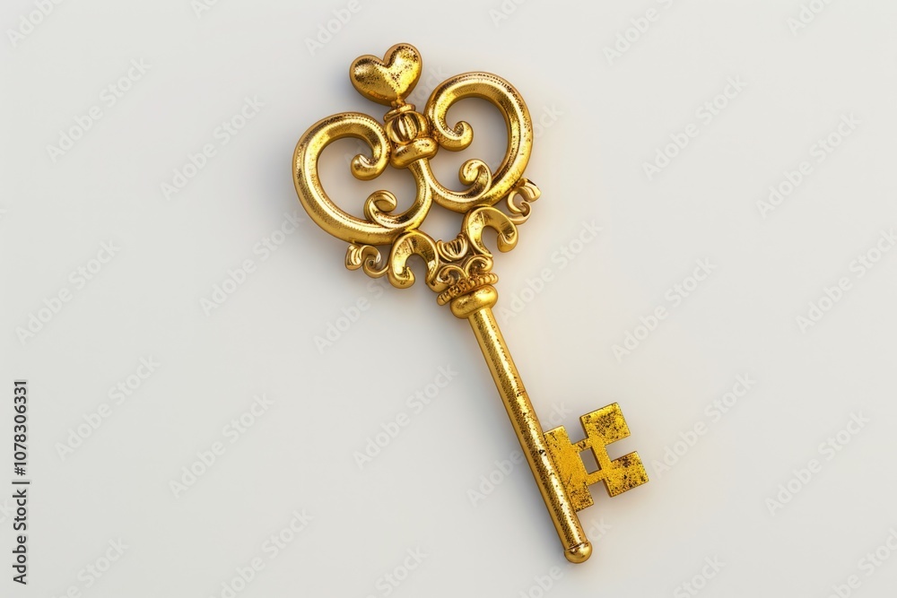 Gold Heart Background. Aged Key Closeup Access on White Background Gold Heart Background. Aged Key Closeup Access on White Background