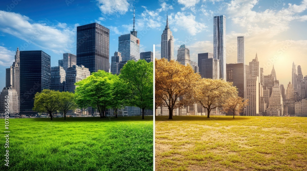 A split landscape showing a vibrant green park beside a dry, autumn scene in an urban setting. A split landscape showing a vibrant green park beside a dry, autumn scene in an urban setting.