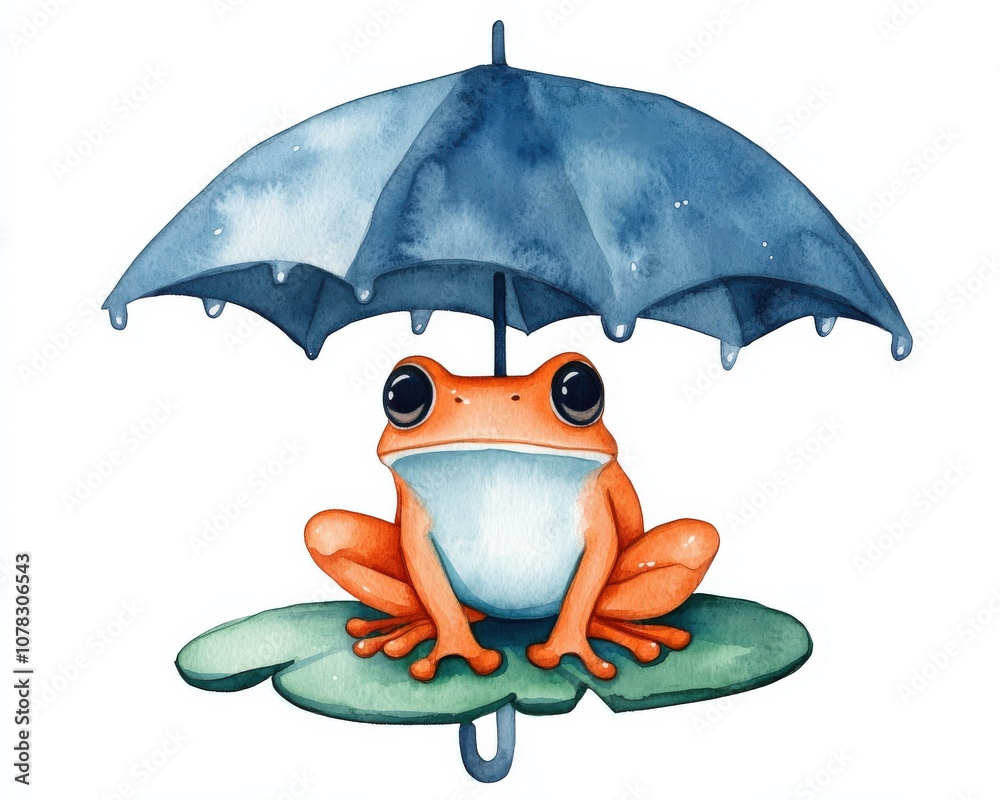 A charming orange frog sitting under a blue umbrella on a lily pad, showcasing a playful and whimsical nature. A charming orange frog sitting under a blue umbrella on a lily pad, showcasing a playful and whimsical nature.